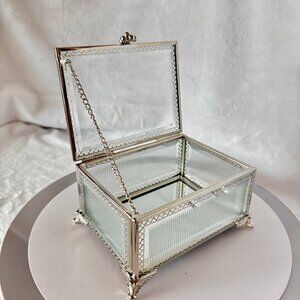 Nicole Miller Home Jewelry Box Hinged Filigree Edge Beveled Clear Glass Mirrored